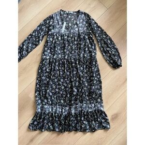 Contrast Florence Floral Print Long Sleeve Midi‎ Dress Boho Chic